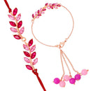 Mahi Light and Dark Pink Leafe Shape Crystals Rakhi Combo for Bhaiya and Bhabhi (RCOL1105340M)