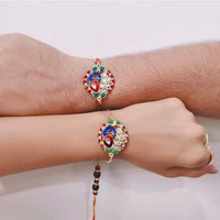 Mahi Peacock Shaped Meenakari Work colorful Rakhi Combo with Beads and Crystals for Bhaiya and Bhabhi (RCOL1105345M)