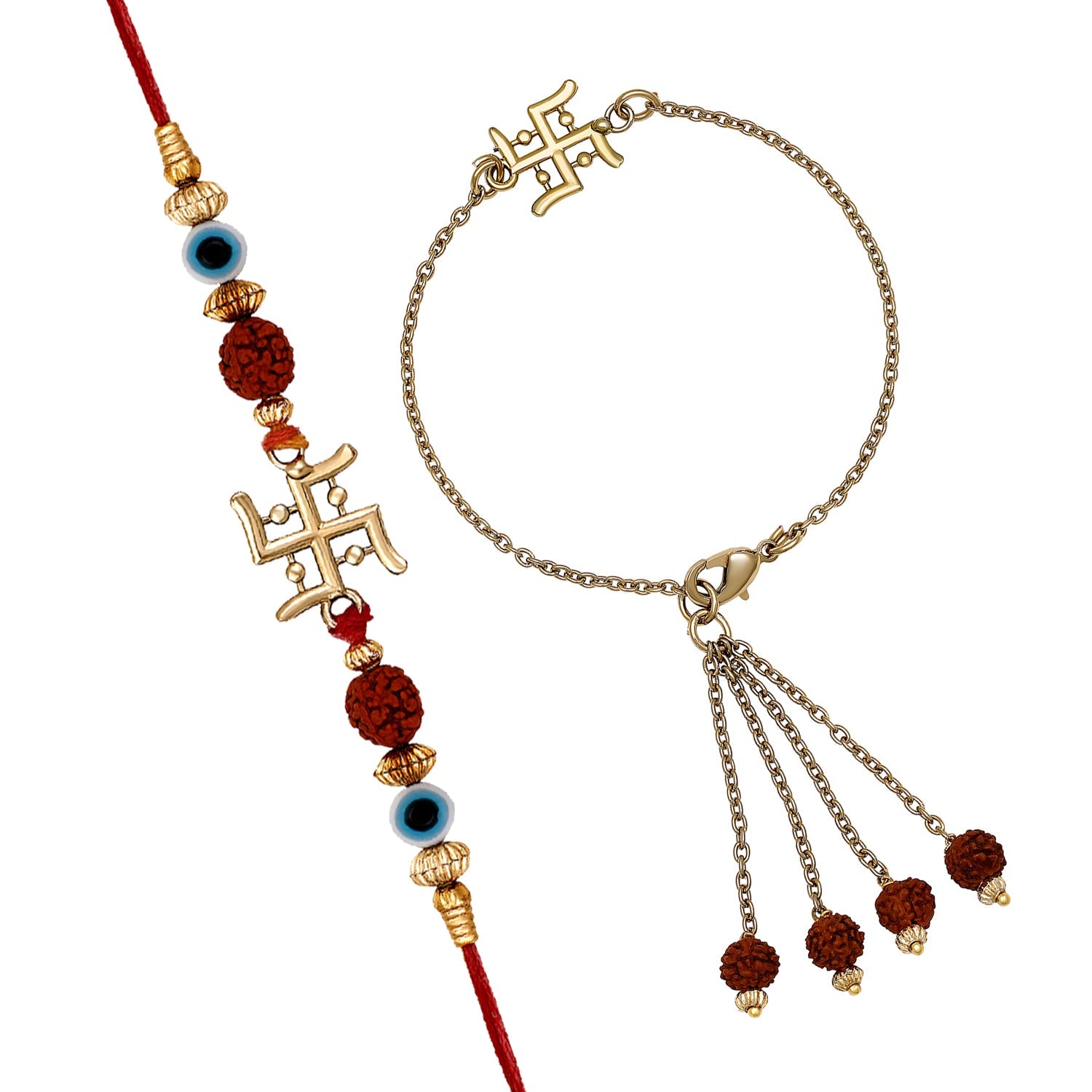 Mahi Swastik and Evil Eye Lumba and Brother Rakhi with Rudraksha Pair for Bhaiya and Bhabhi (RCOL1105544G)