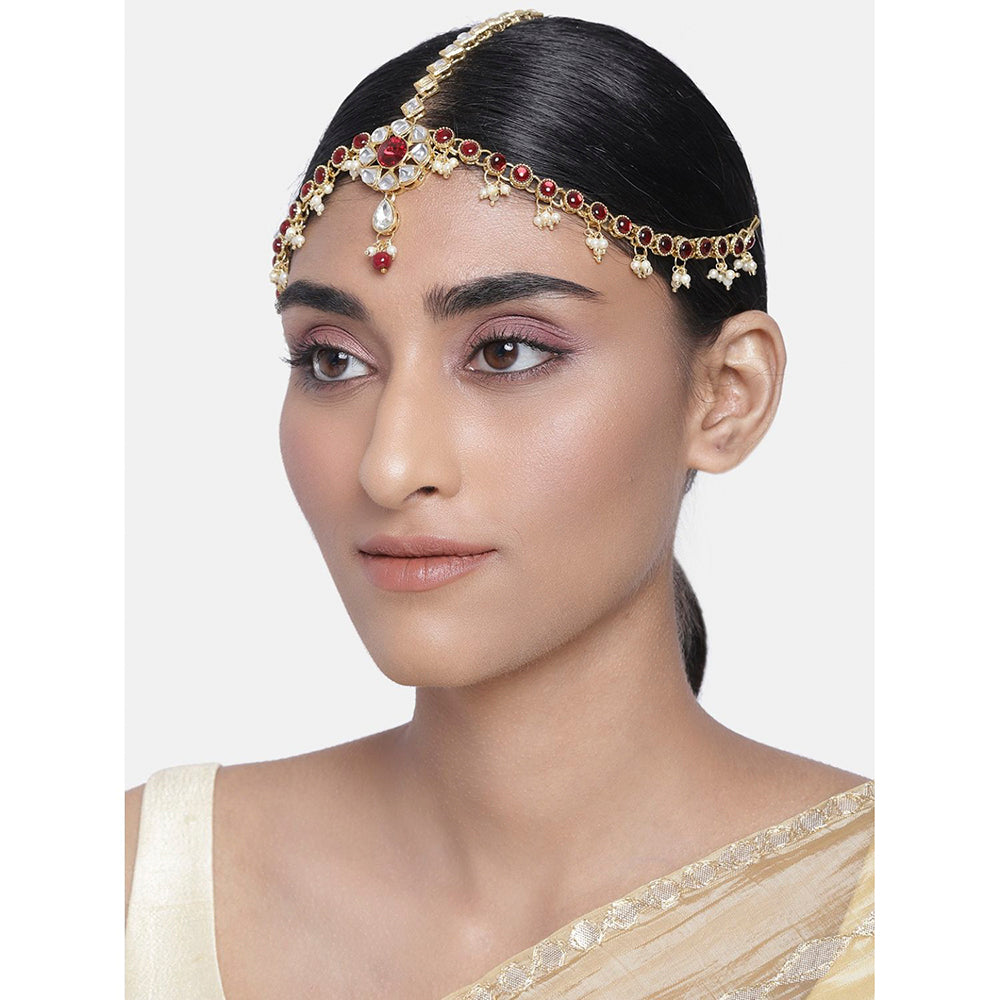Etnico 18K Gold Plated Kundan Studded Bridal Matha Patti/Maang Tikka for Women (T2056M)