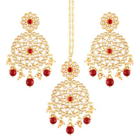 Etnico 18K Gold Plated Traditional Kundan & Pearl Studded Chandbali Earrings With Maang Tikka Set (TE2462M)