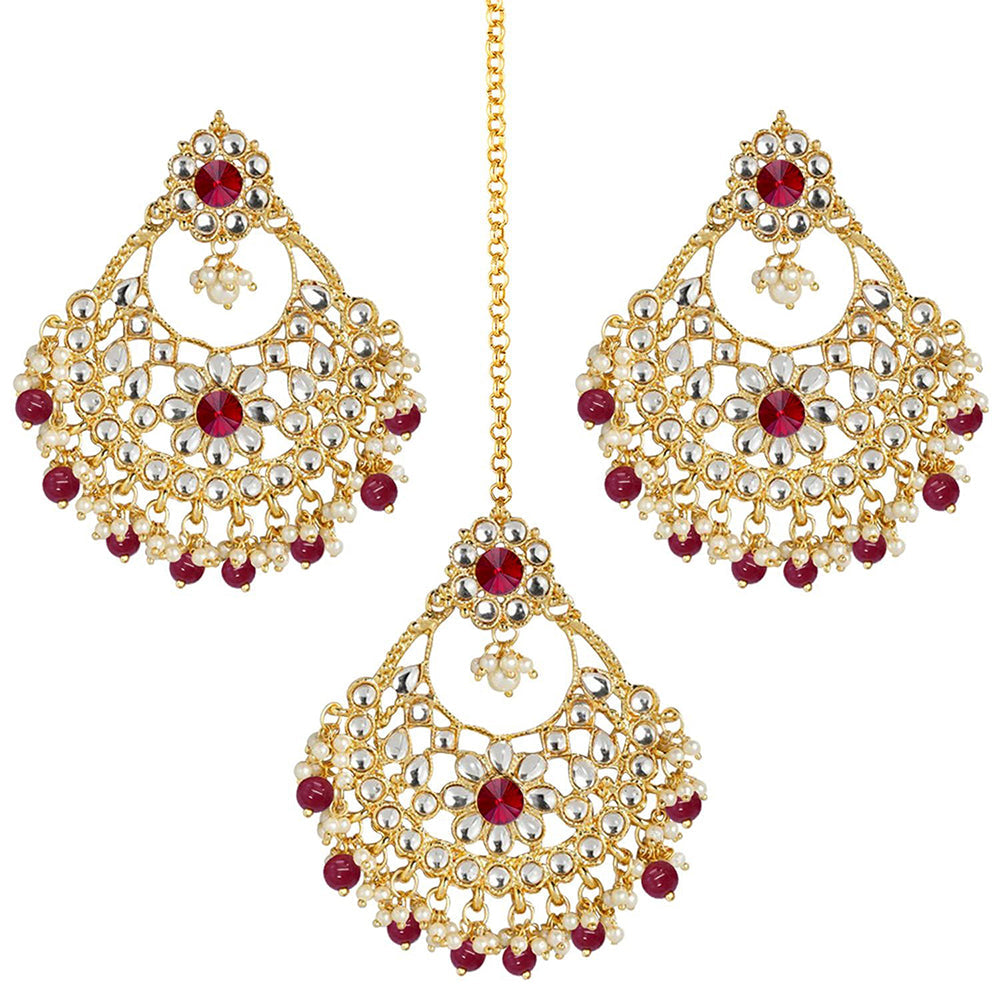 Etnico 18K Gold Plated Traditional Big Kundan & Pearl Chandbali Earrings with Maang Tikka Set for Women/Girls (TE2862M)