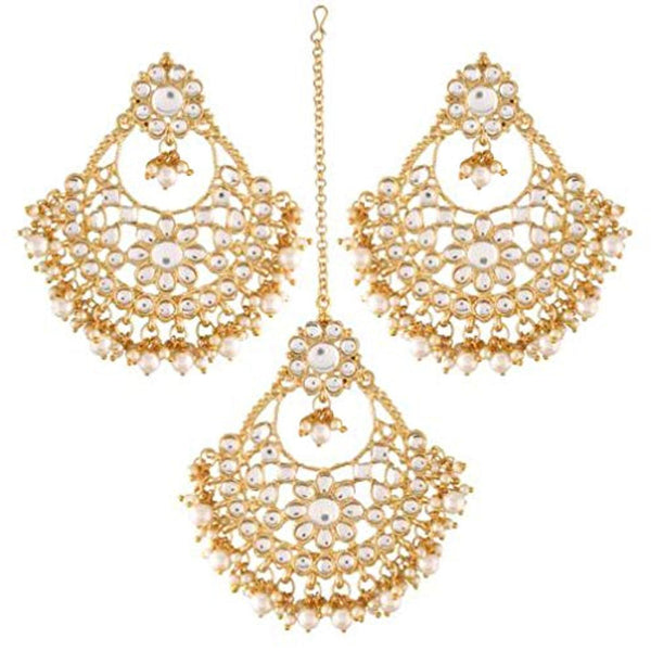 Etnico 18K Gold Plated Traditional Big Kundan & Pearl Chandbali Earrings with Maang Tikka Set for Women/Girls (TE2862W)