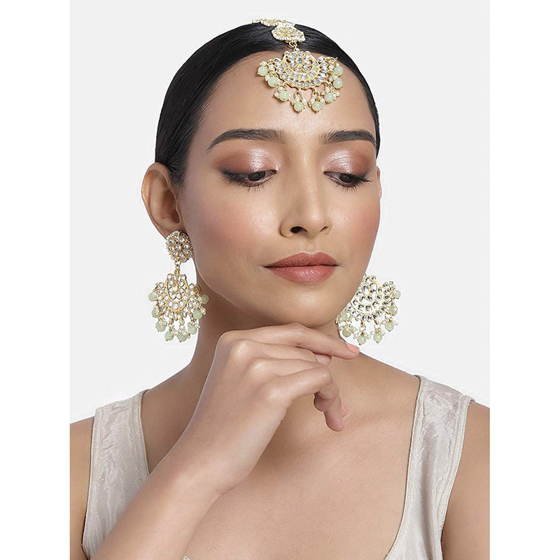 Etnico18K Gold Plated with Stunning Matte Finish Traditional Kundan & Faux Pearl Chandbali Earrings with Maang Tikka Set (TE2911M)