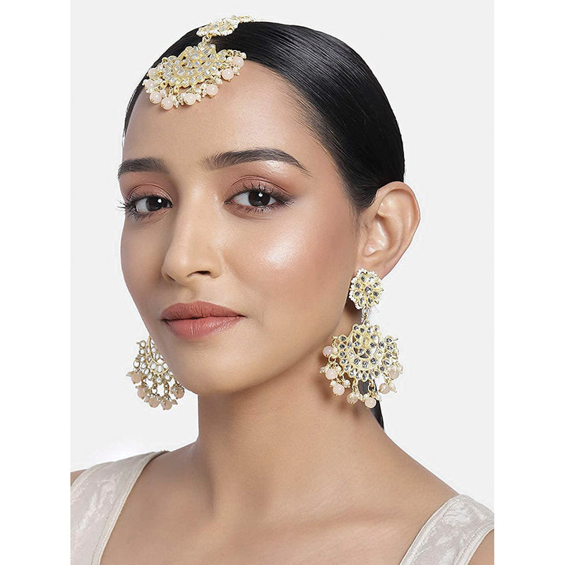 Etnico18K Gold Plated with Stunning Matte Finish Traditional Kundan & Faux Pearl Chandbali Earrings with Maang Tikka Set (TE2911Pe)