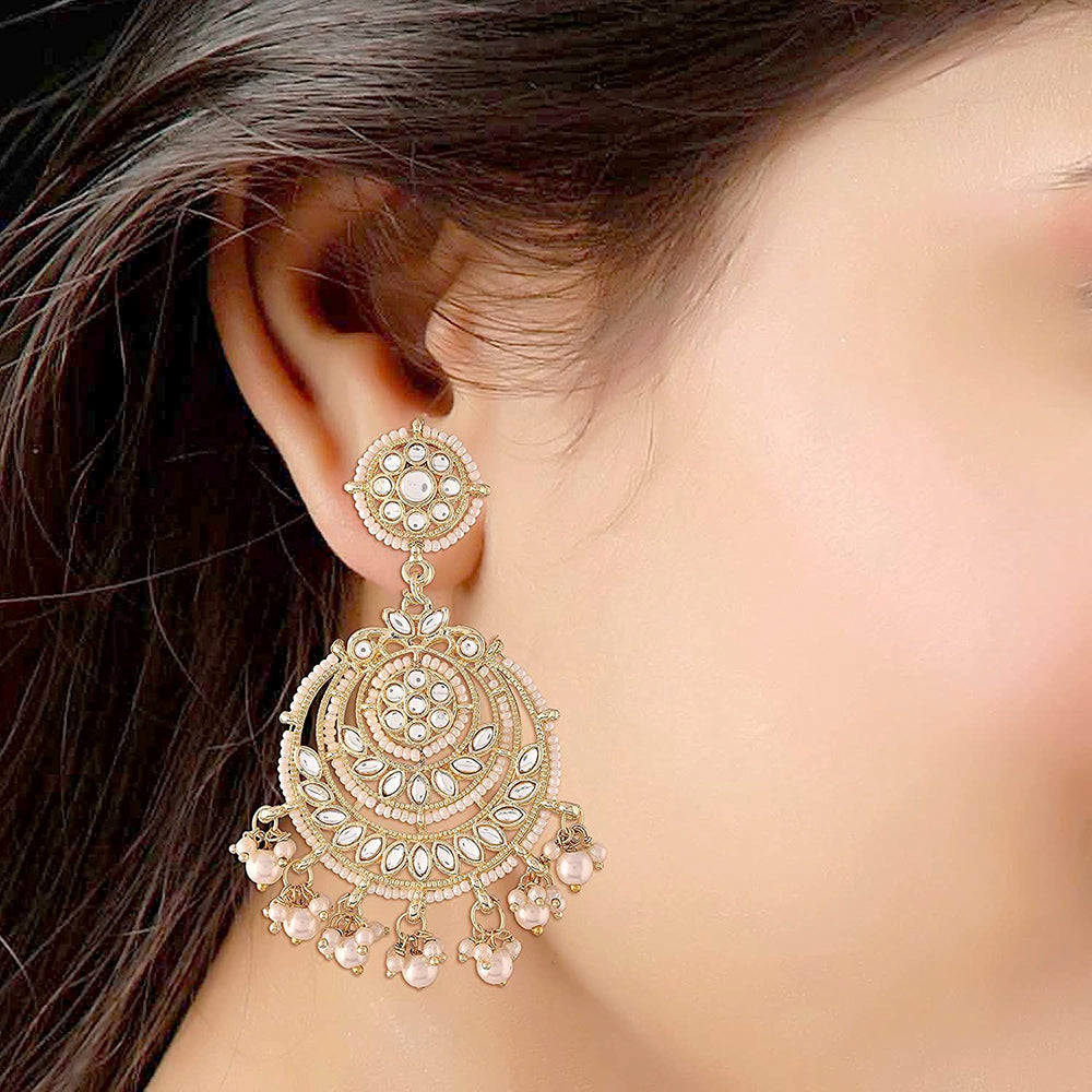 Etnico18K Gold Plated Traditional Big Kundan & Pearl Chandbali Earrings with Maang Tikka Set for Women/Girls (TE3002W)