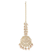 Etnico18K Gold Plated Traditional Big Kundan & Pearl Chandbali Earrings with Maang Tikka Set for Women/Girls (TE3002W)