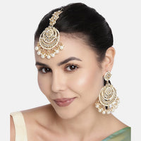 Etnico18K Gold Plated Traditional Big Kundan & Pearl Chandbali Earrings with Maang Tikka Set for Women/Girls (TE3002W)