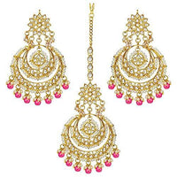 Etnico Traditional Gold Plated Wedding Chandbali Kundan & Pearl Earring Set With Maang Tikka for Women (TE7077Q)