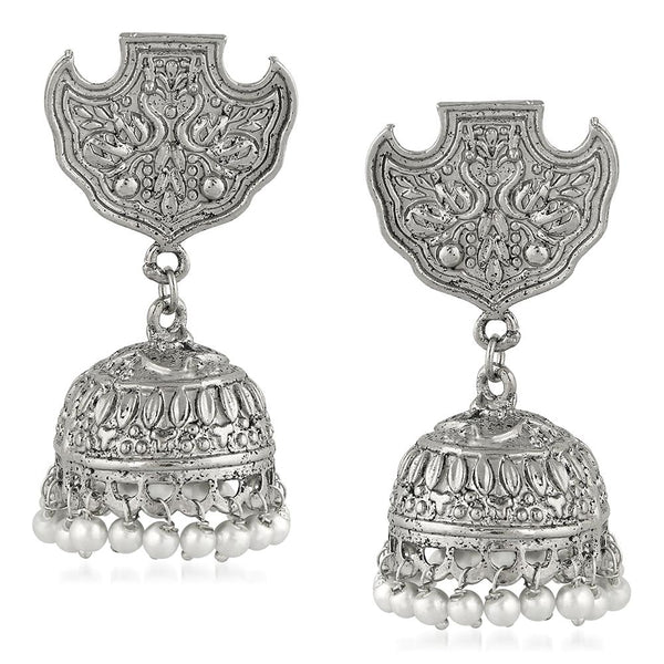 Mahi Rhodium Plated Peacock Traditional Jhumka Earrings for Women (VECJ100225)